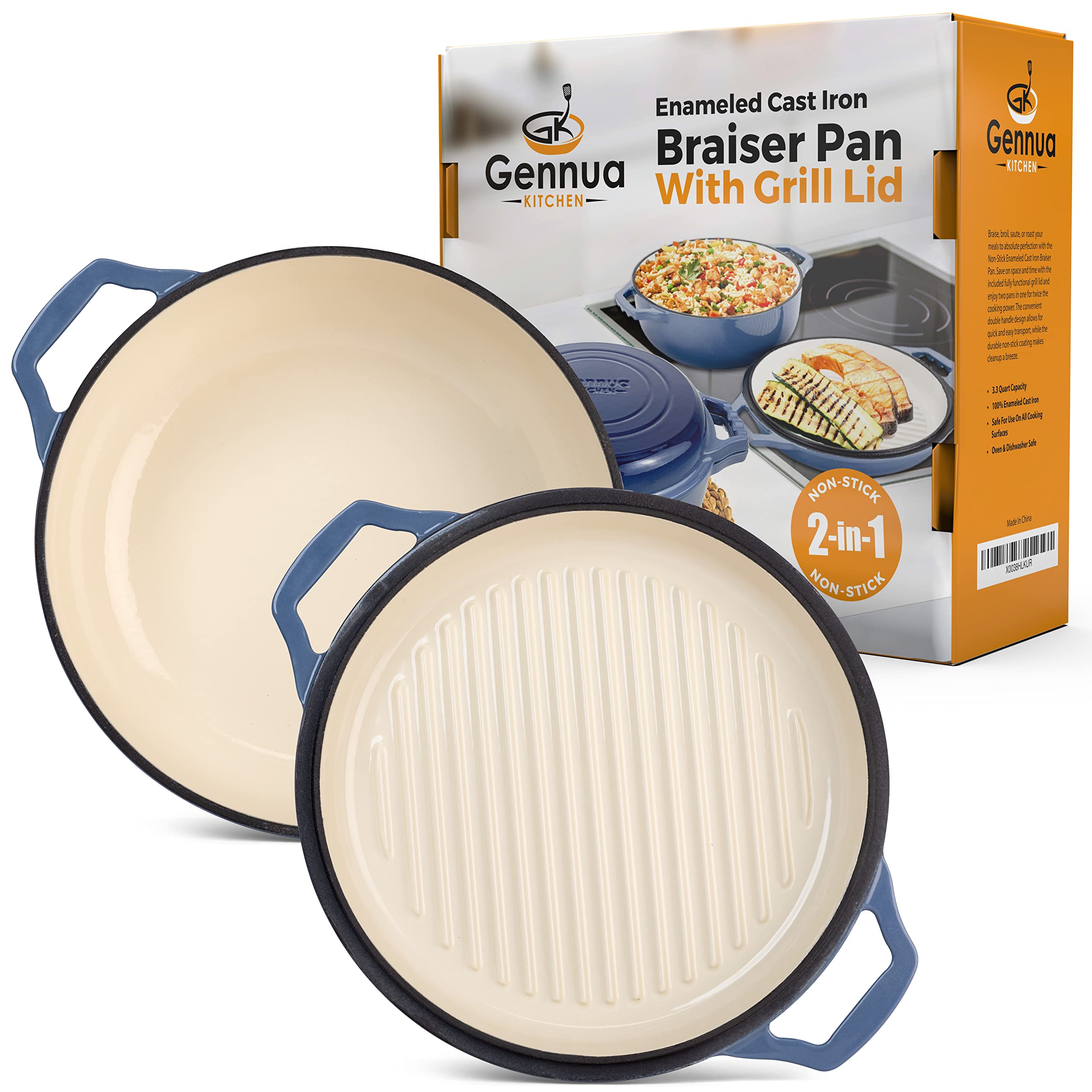 Gennua Braiser Pan lid showing built-in grill function for searing.