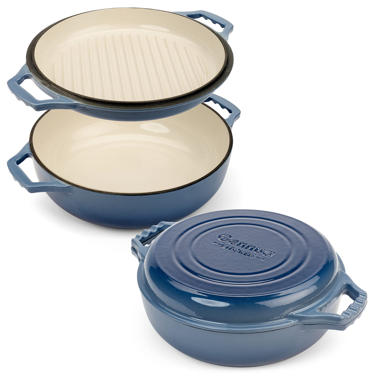 Gennua Braiser Pan with enamelled cast iron for even heat and easy release.