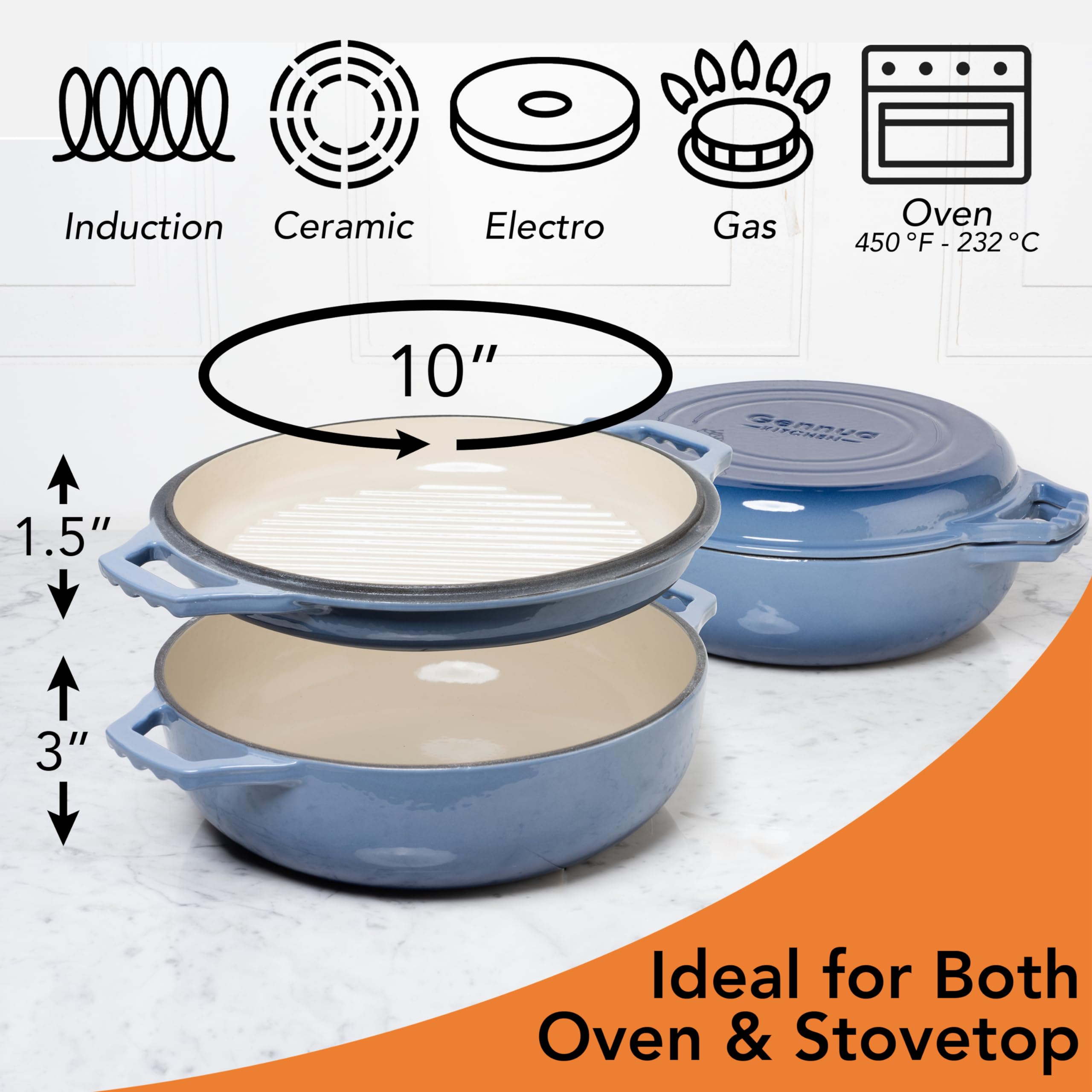 Gennua enamel coating reduces sticking for smoother cooking and easy cleanup.