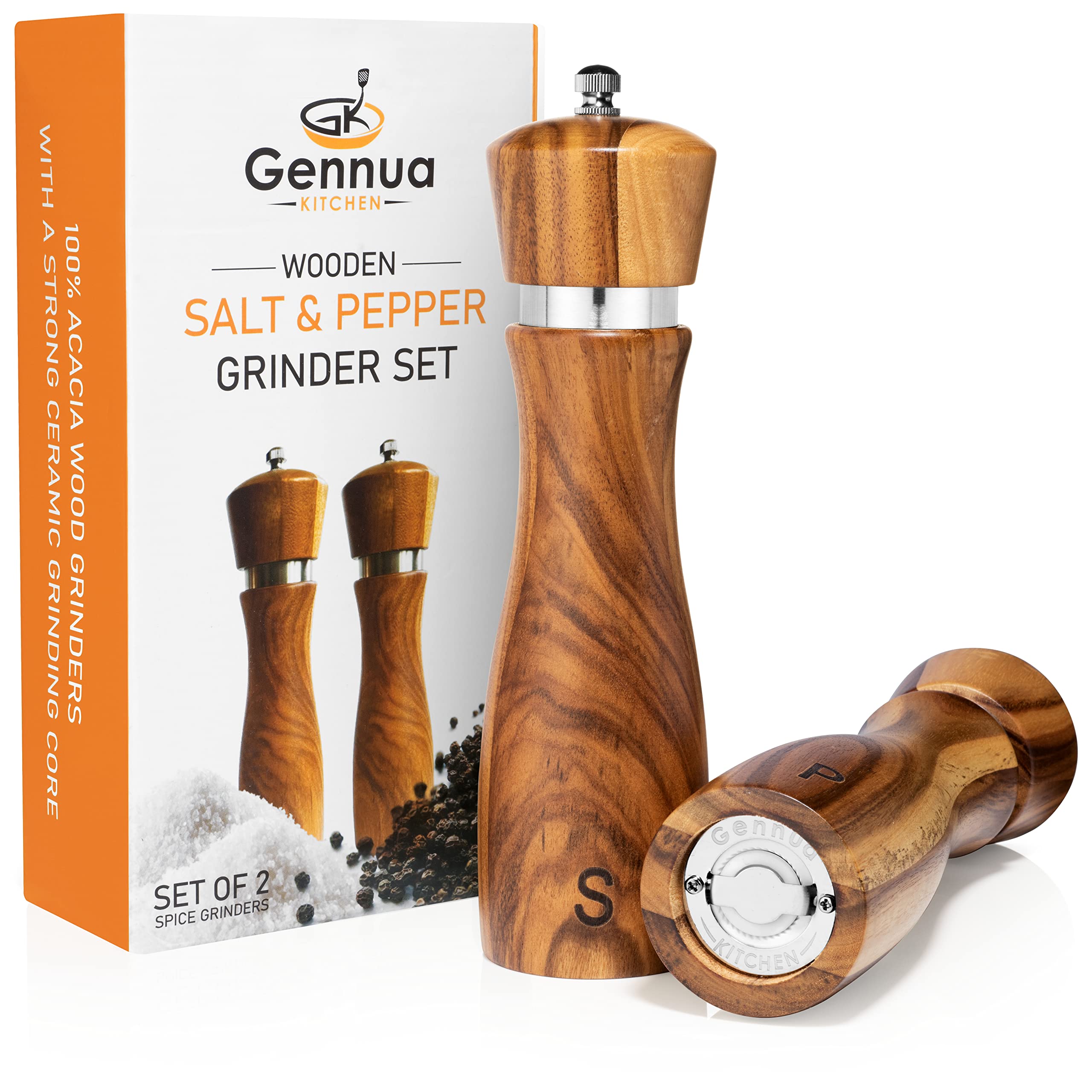 Gennua Kitchen acacia wood grinder close up showing grain and core
