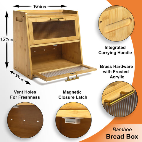 Gennua Kitchen bamboo bread box with frosted acrylic doors preserves freshness