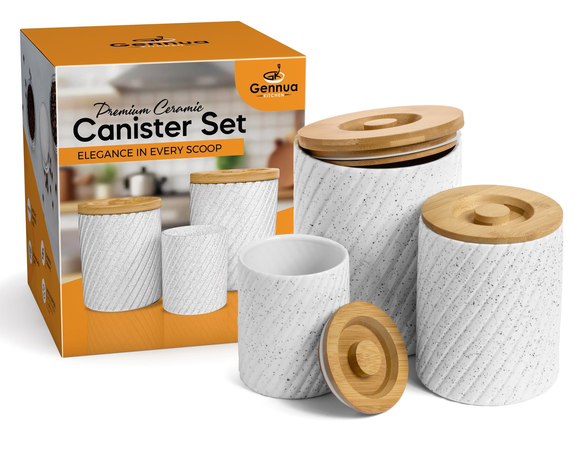Gennua Kitchen ceramic canister 40oz keeps sugar fresh with easy-open bamboo lid.