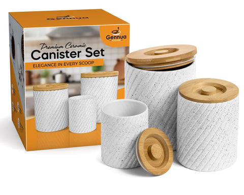Gennua Kitchen ceramic canister 40oz keeps sugar fresh with easy-open bamboo lid.