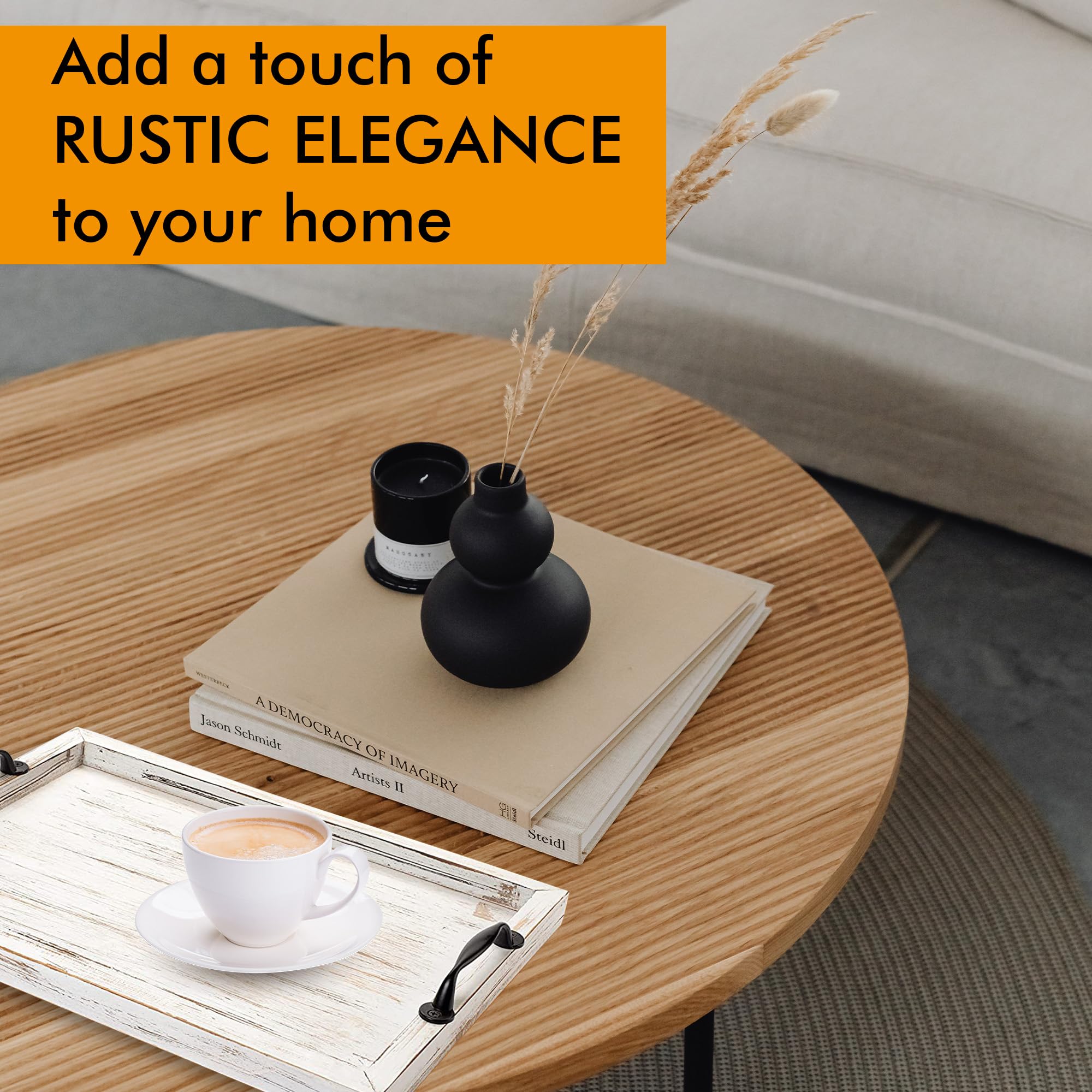 Gennua Kitchen decorative tray on ottoman demonstrates versatile home display.