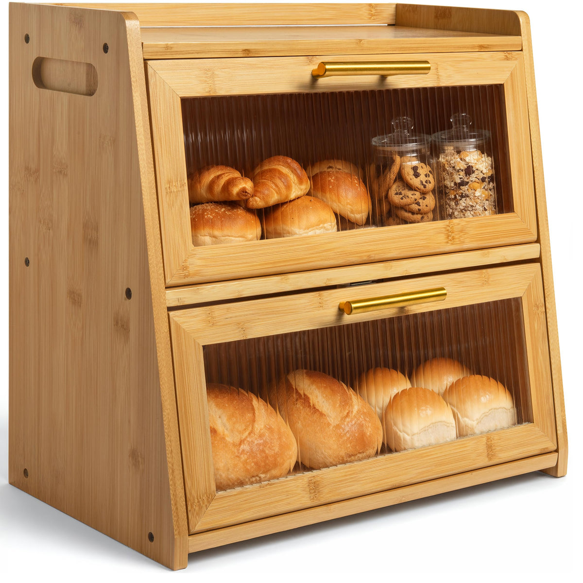 Gennua Kitchen extra large bamboo bread box with double layer on countertop
