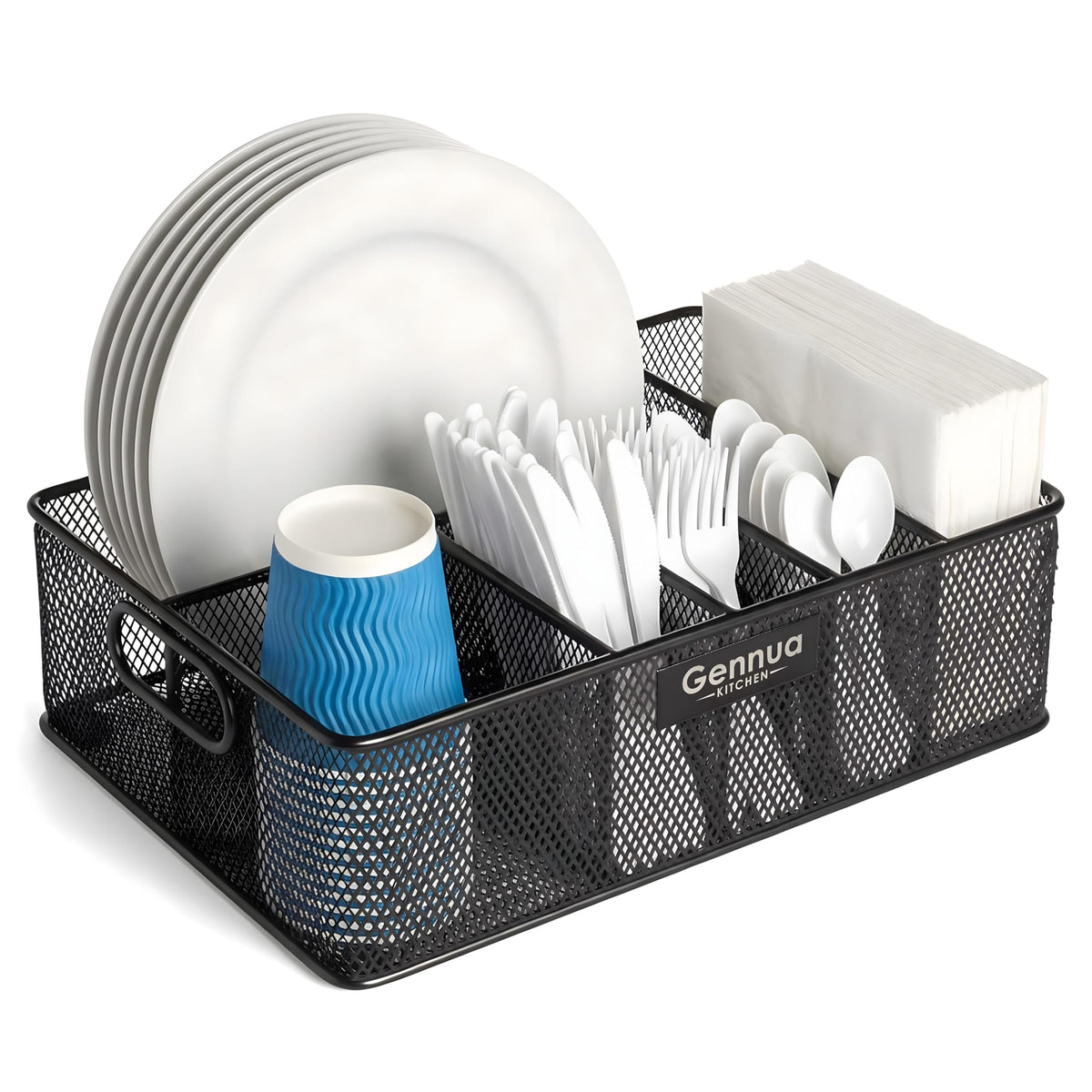 Gennua Kitchen paper plate organizer, front view, easy reach for quick meals