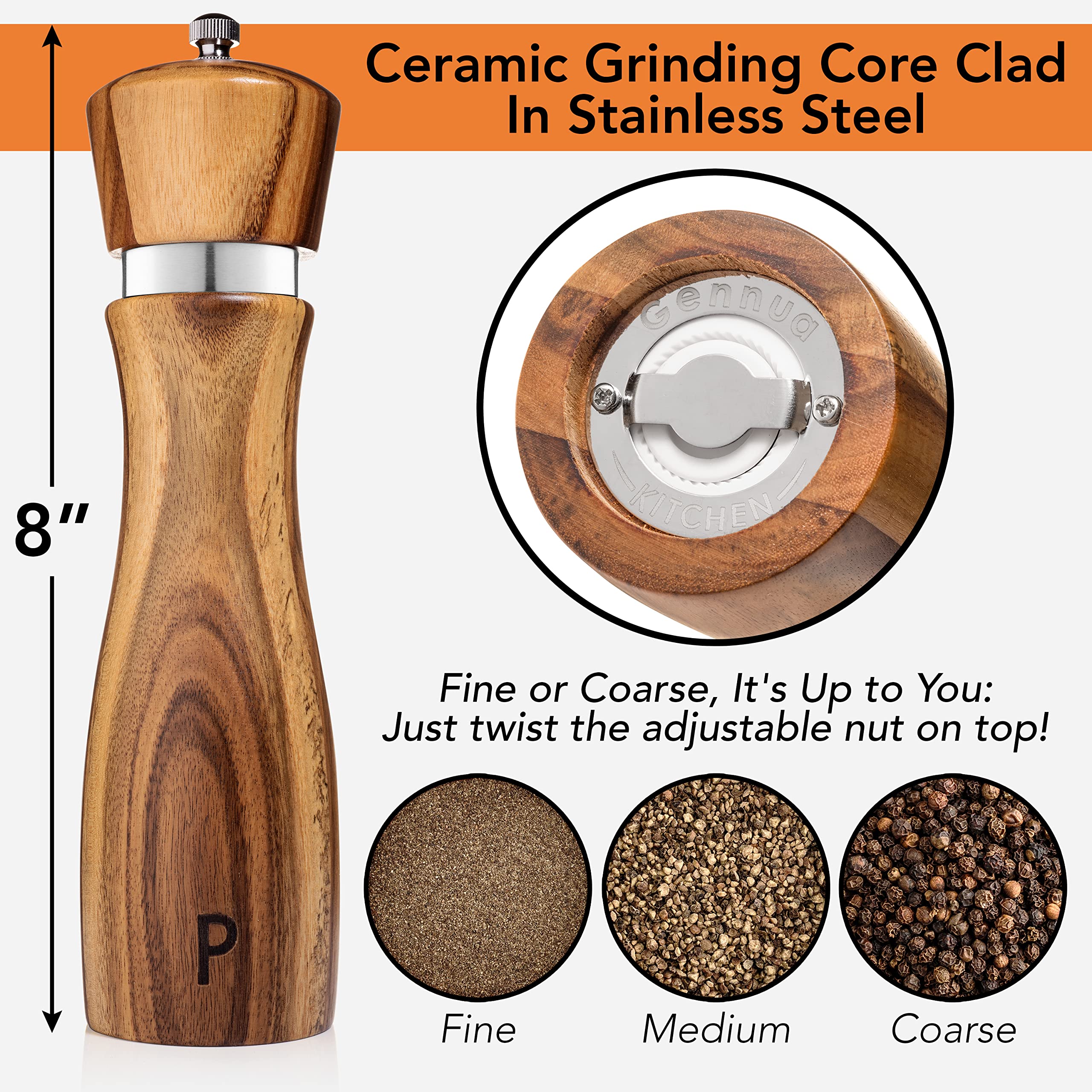 Gennua Kitchen refillable mills ready for sea salt and peppercorns
