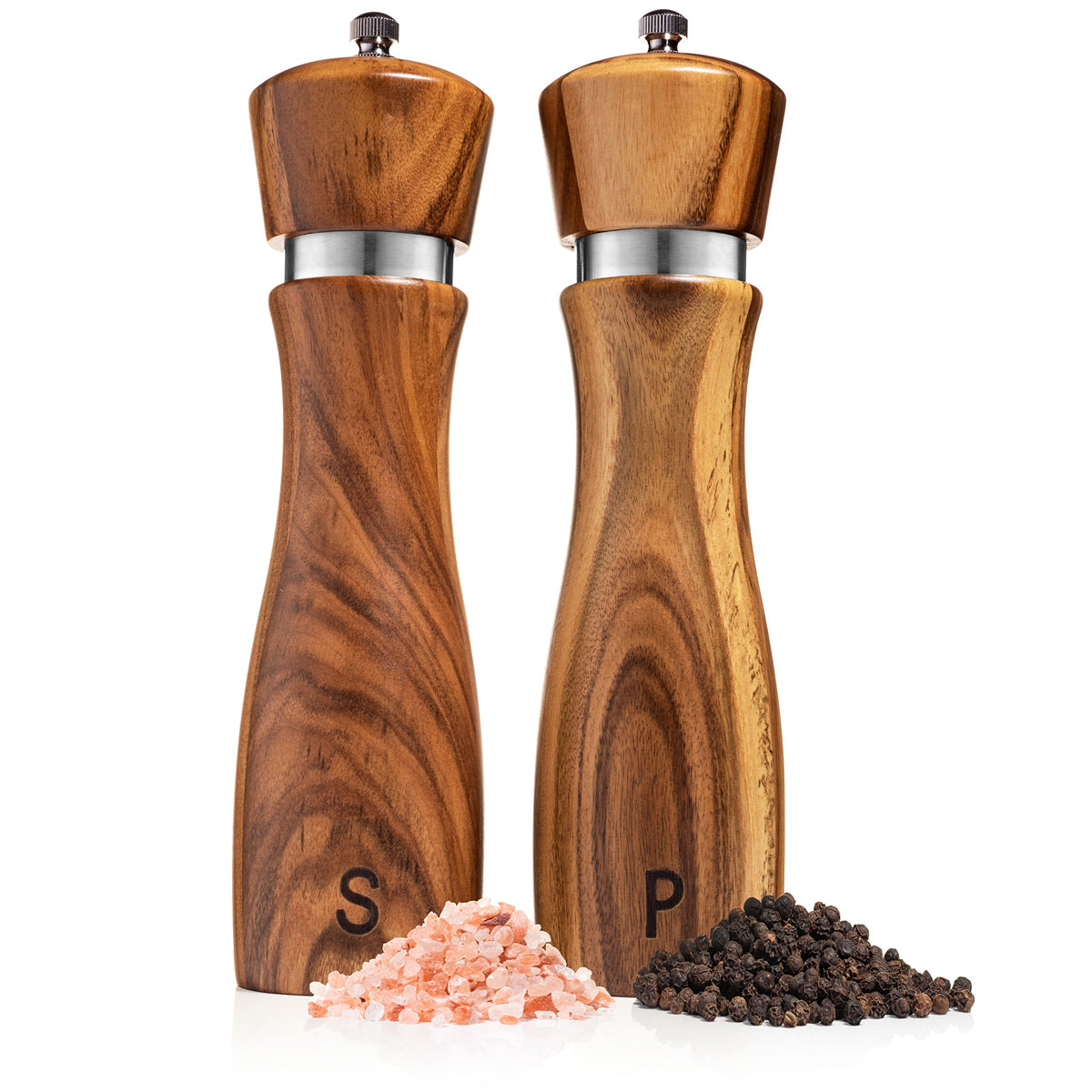 Gennua Kitchen wooden salt and pepper grinder set in hand for precise seasoning