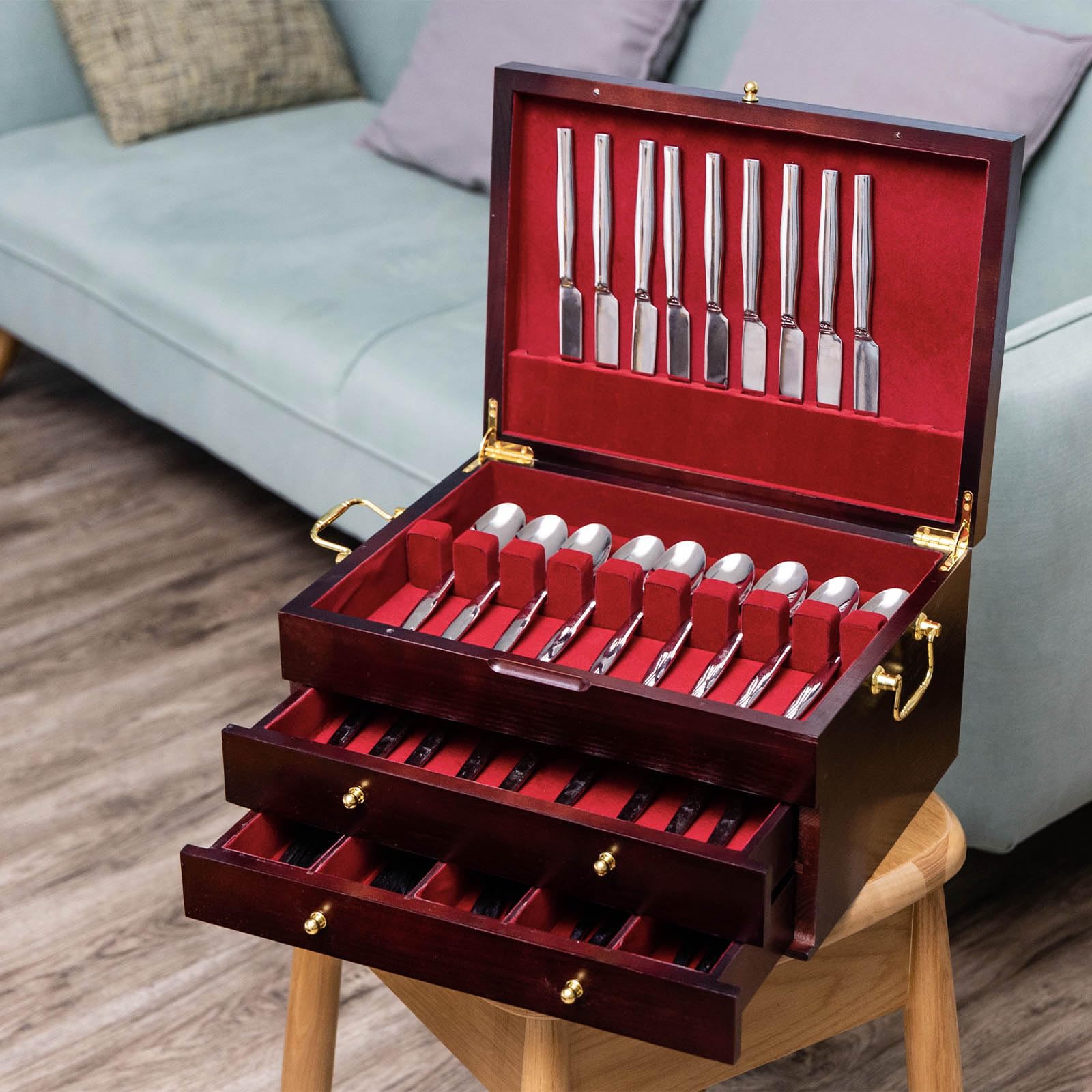 GENRICE three-layer silverware chest with 12 or 16 sets neatly stored.