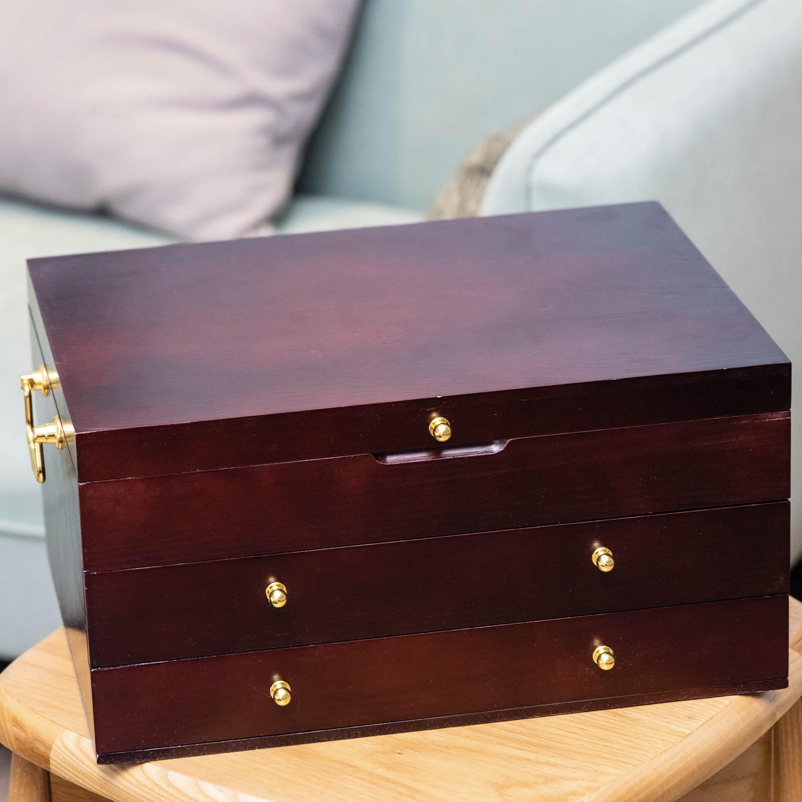 GENRICE wooden silverware chest close-up wood grain highlights craftsmanship.