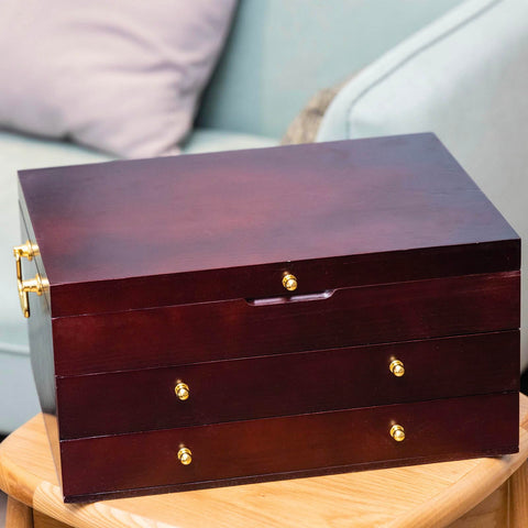 GENRICE wooden silverware chest close-up wood grain highlights craftsmanship.