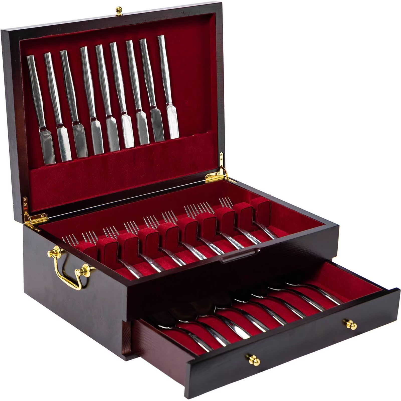 GENRICE wooden silverware chest with double-layer design and sturdy handle.
