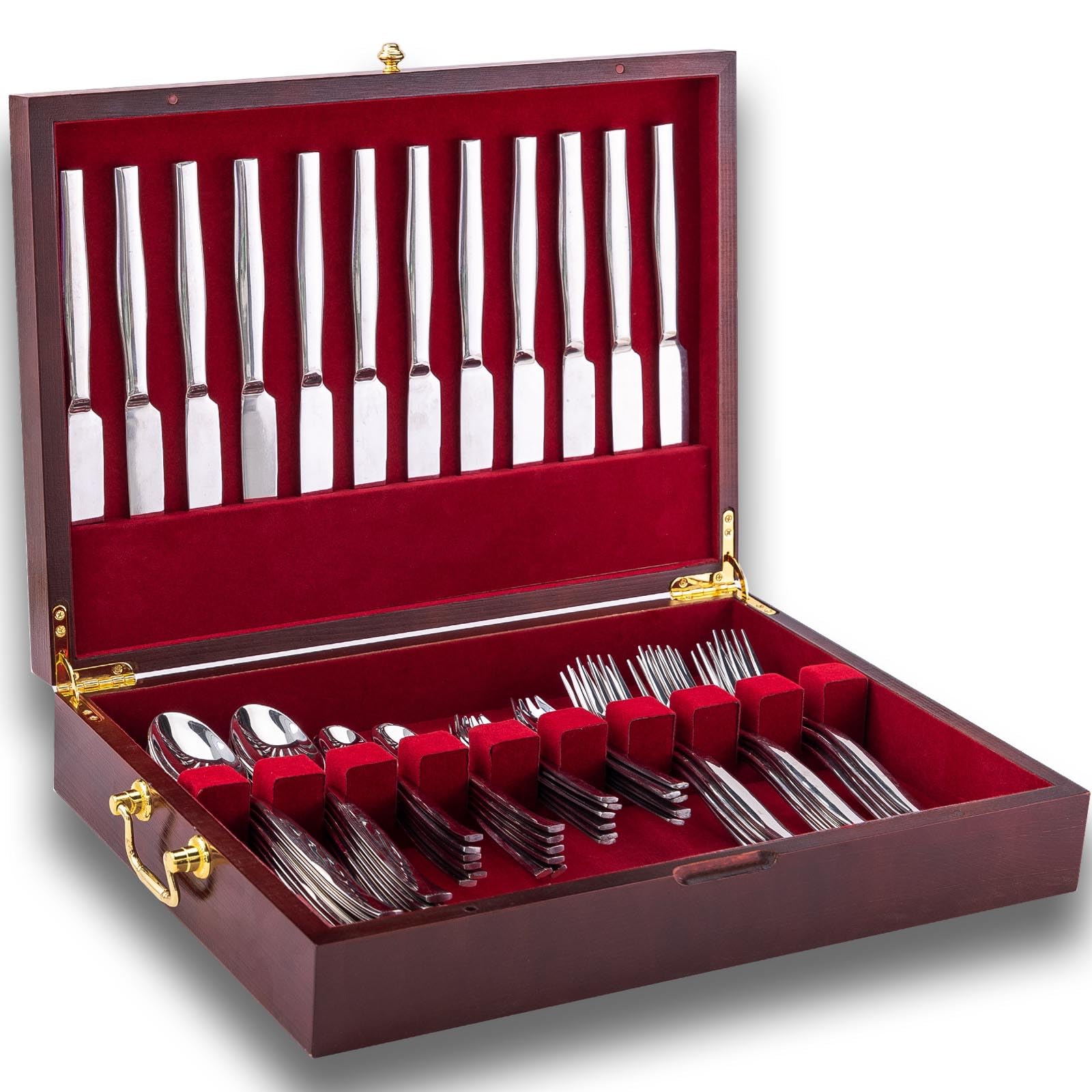 GENRICE wooden silverware chest with handle for organized 12-set storage