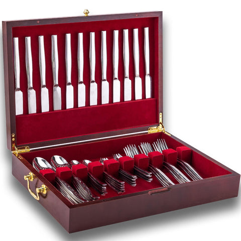 GENRICE wooden silverware chest with handle for organized 12-set storage