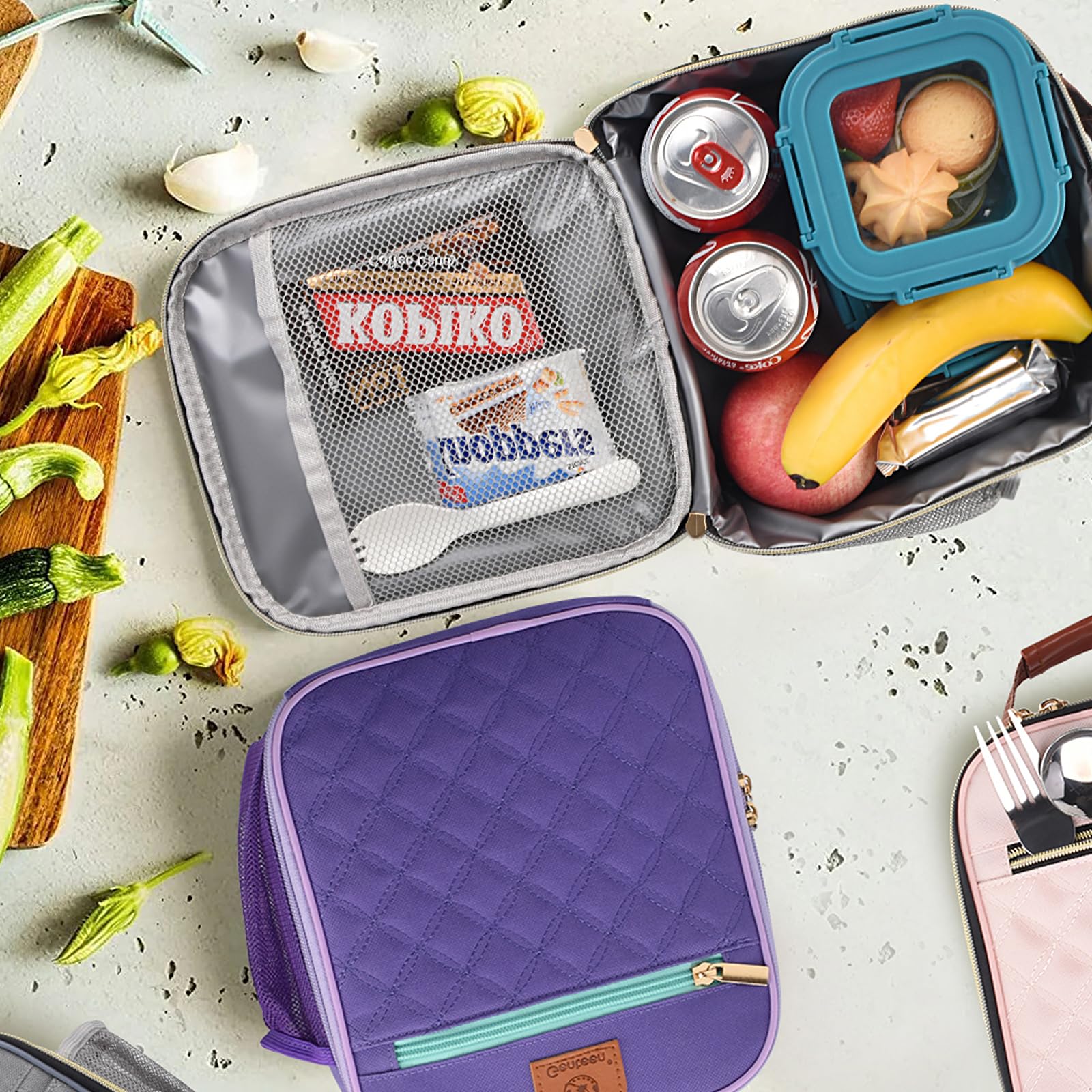Genteen Lake Green lunch box includes bottle holder for hydration.