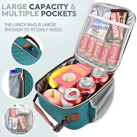 Genteen Lake Green lunch box side pocket holds a water bottle on the go.