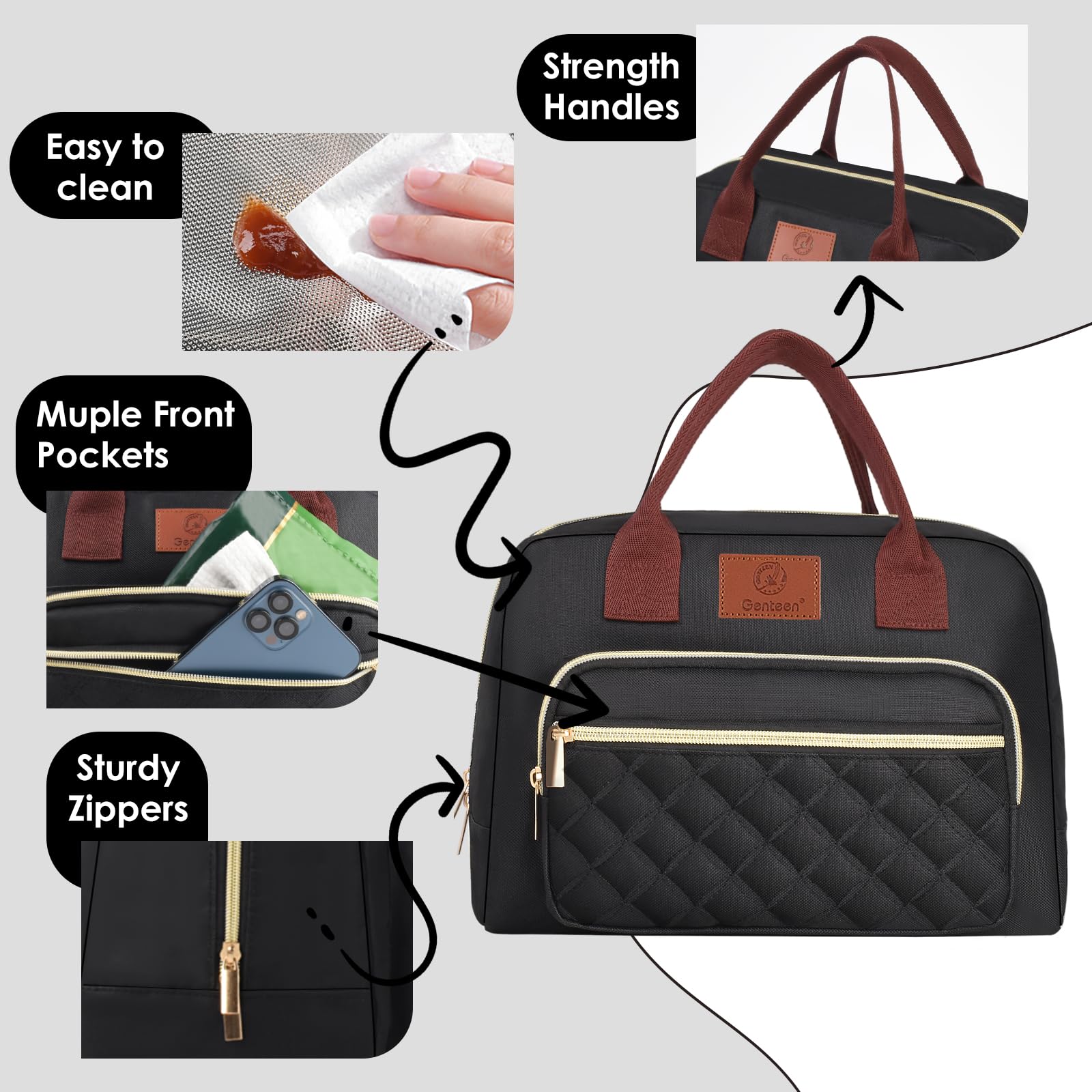 Genteen lunch bag durable padded handle for comfortable transport.