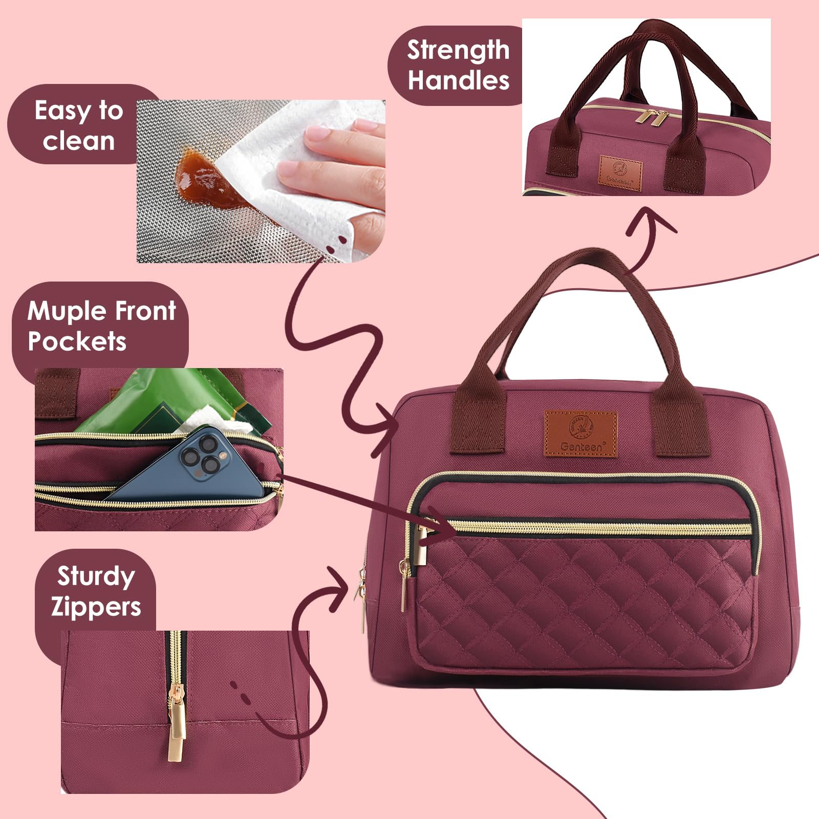 Genteen lunch bag front pocket, secure zip, stores utensils and keys.