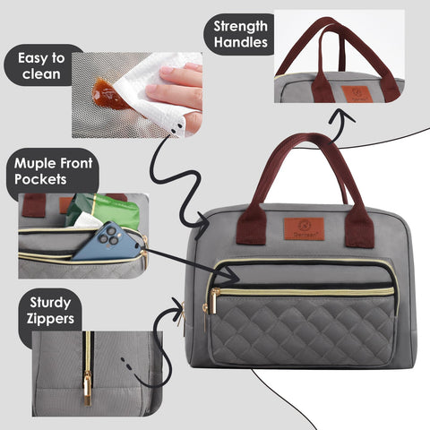 Genteen lunch bag gray front zip pocket holds keys and small essentials.