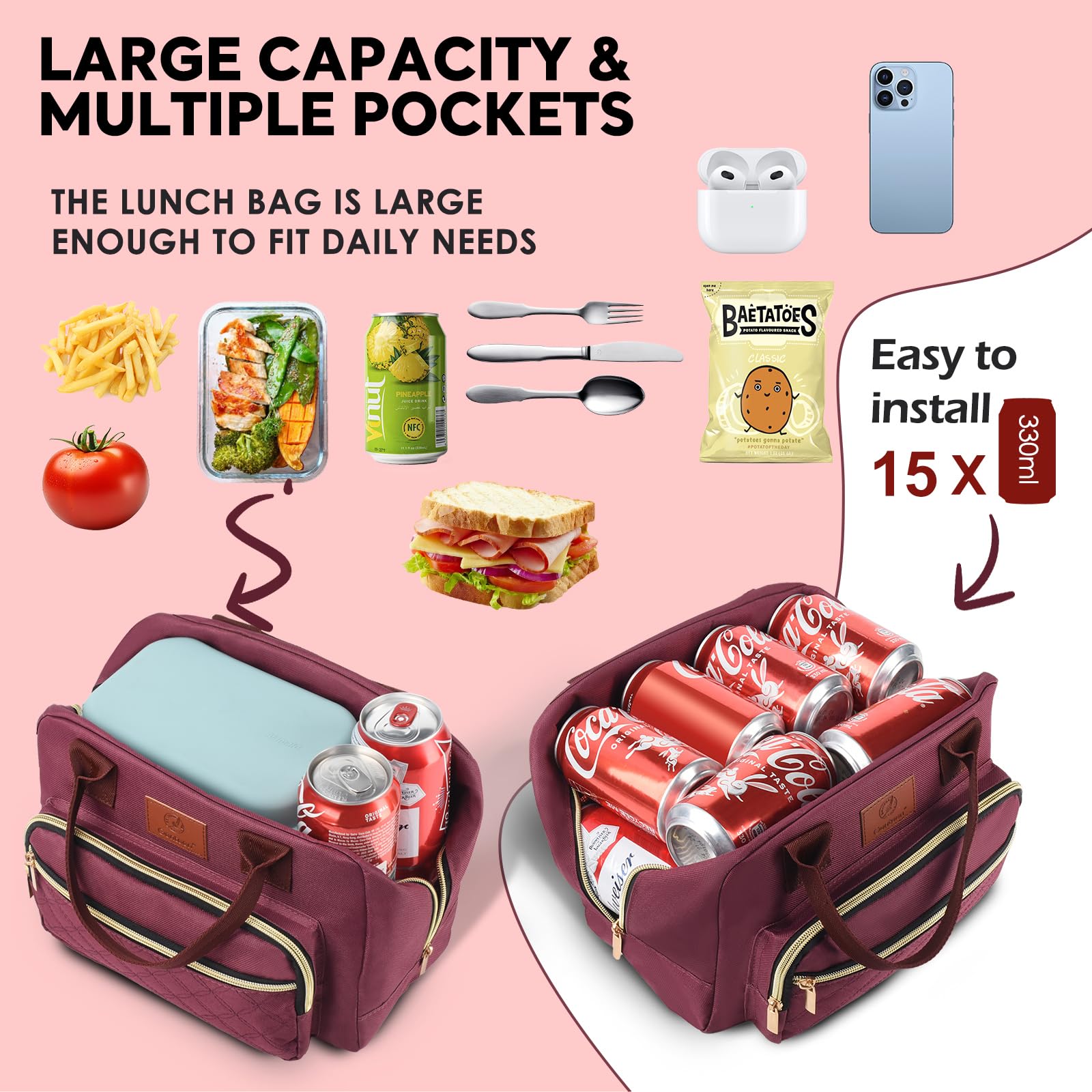 Genteen lunch bag padded handle, easy to carry during work, school, or travel.
