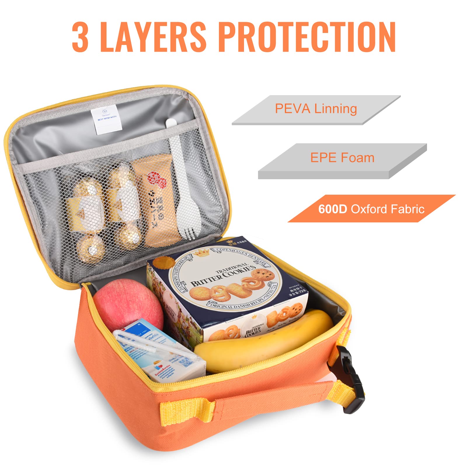 Genteen lunch bag pocket and handle showing easy carry options