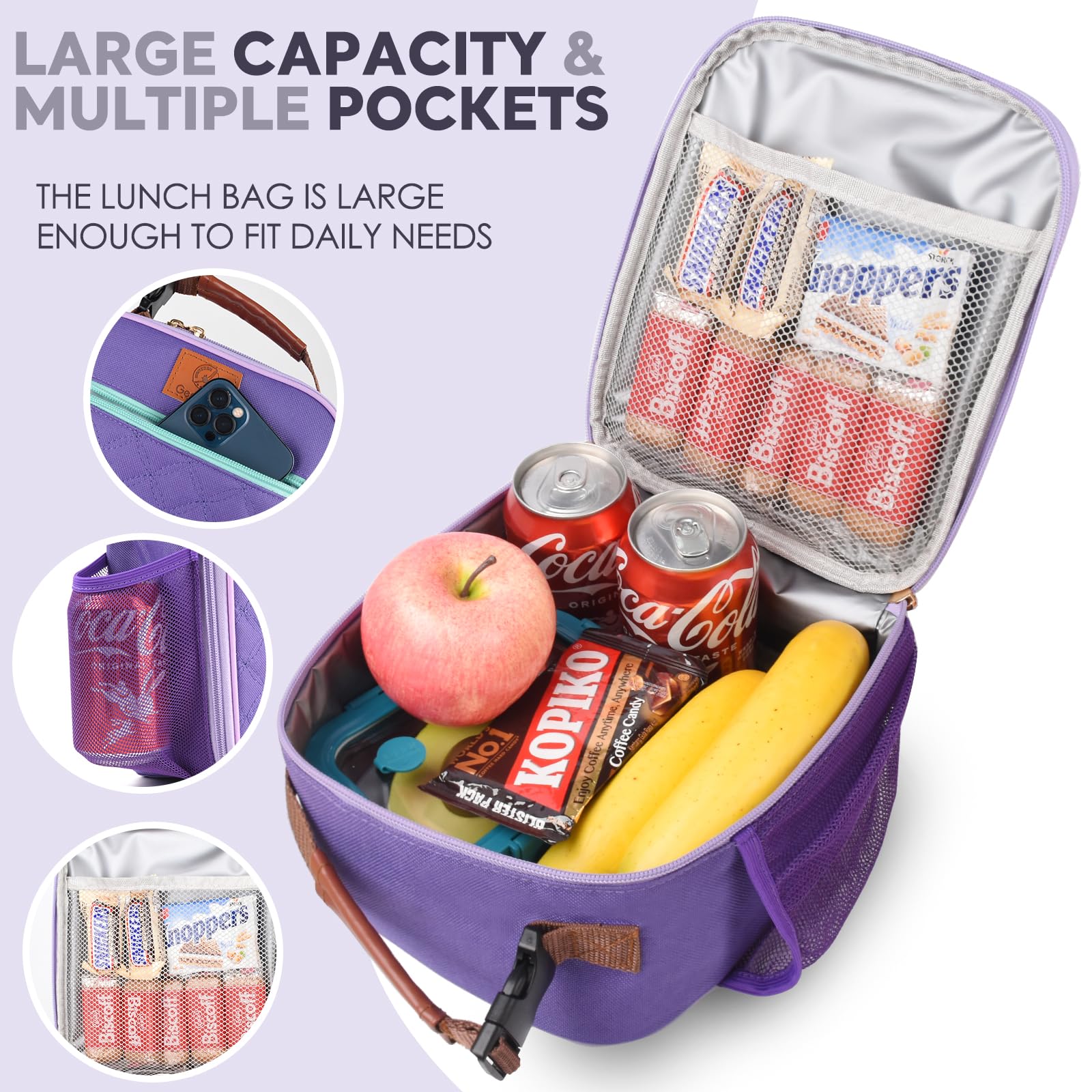 Genteen lunch bag with removable handle attaches to backpacks