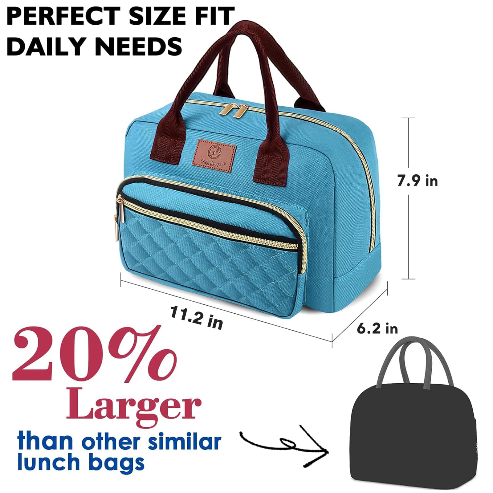 Genteen lunch bag dimensions emphasize spacious capacity in a compact size.