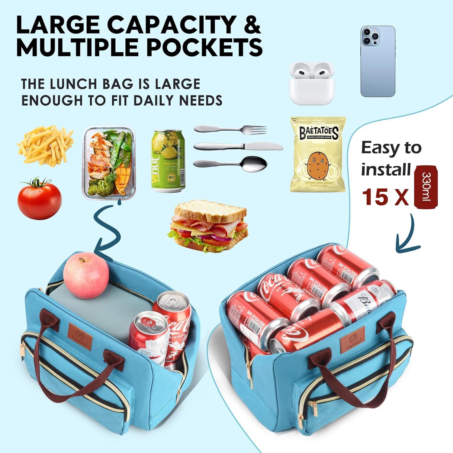 Genteen lightweight lunch bag with padded handle for easy carrying.