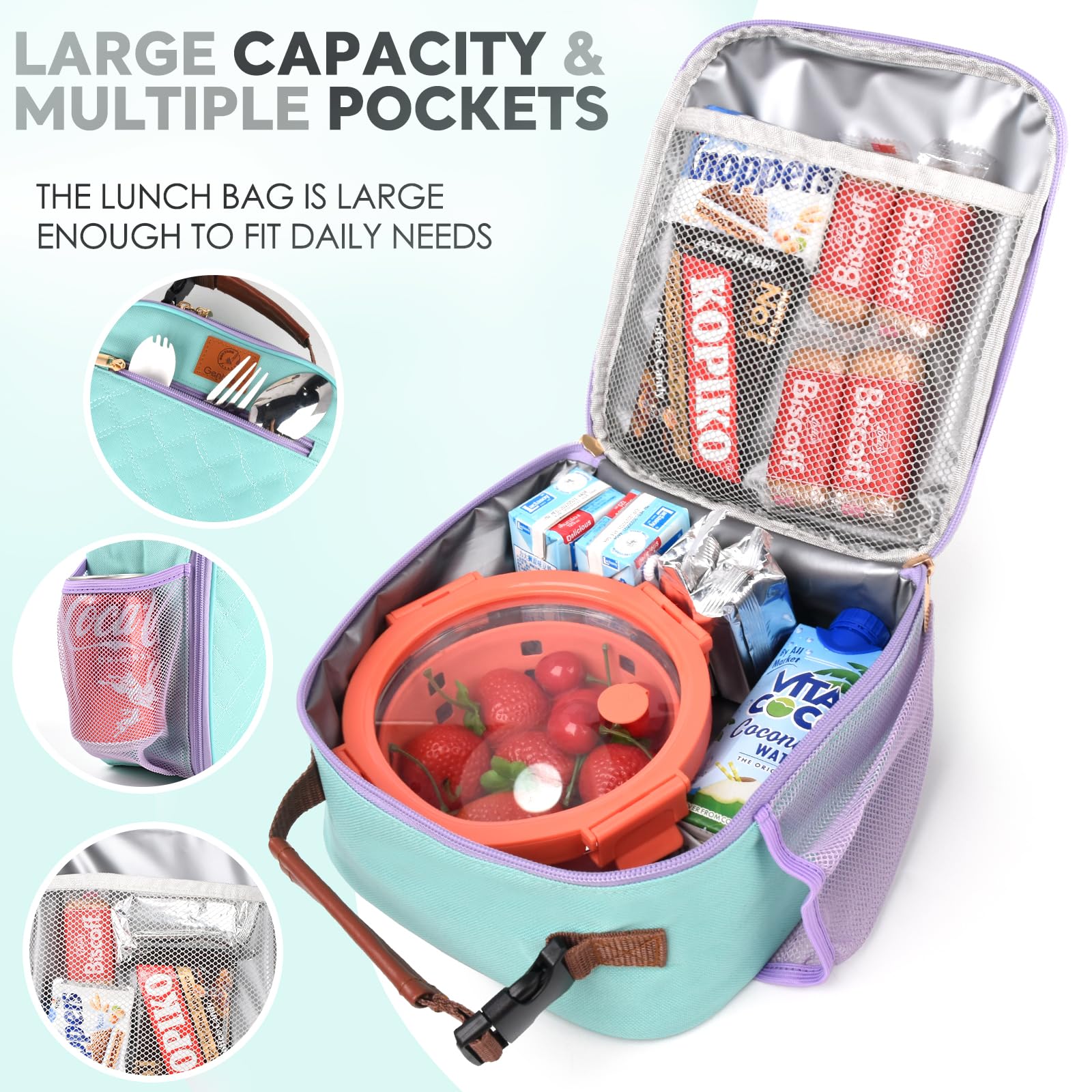 Genteen lunch box front zip pocket keeps phone and keys organized.