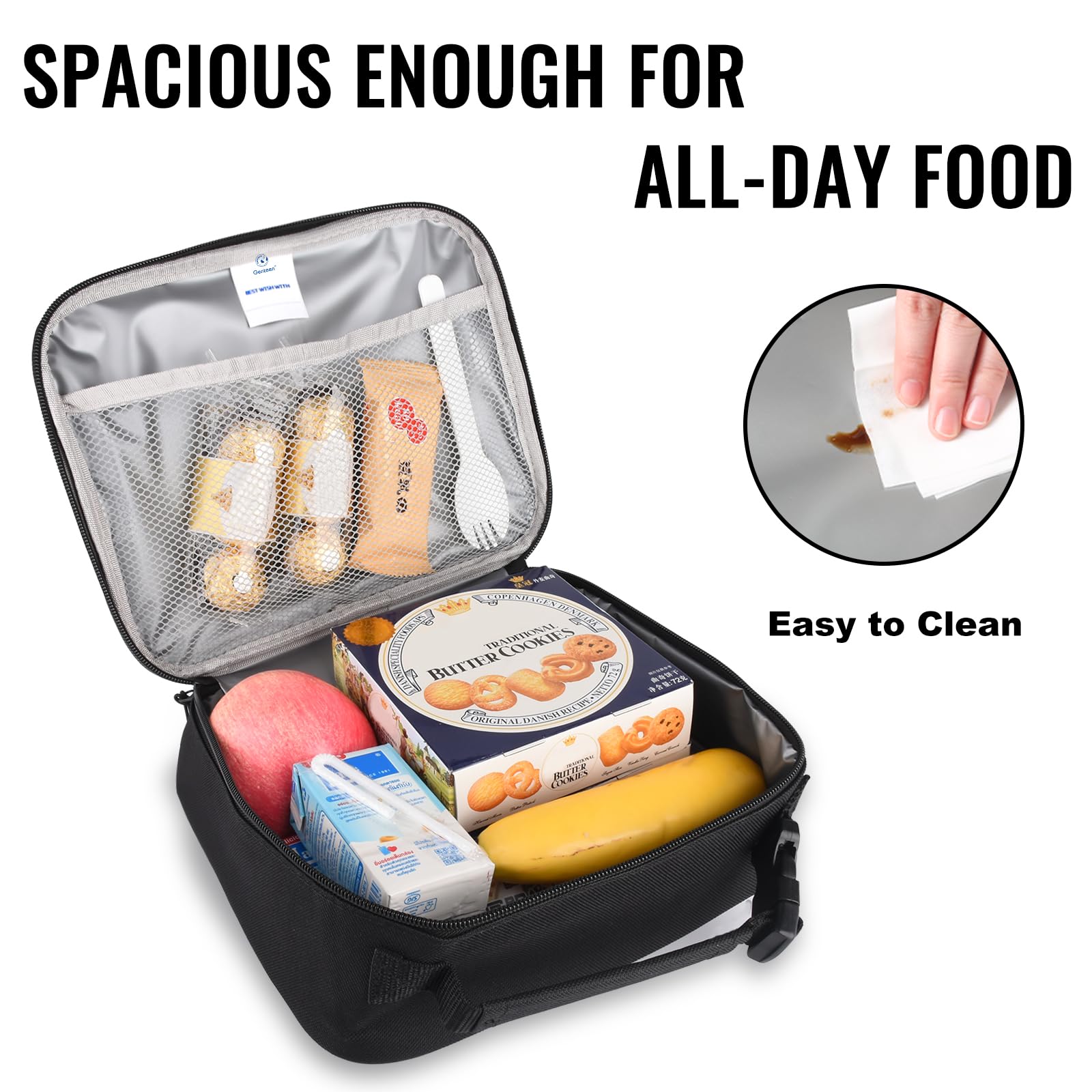 Genteen inner mesh pocket keeps napkins and snacks organized.