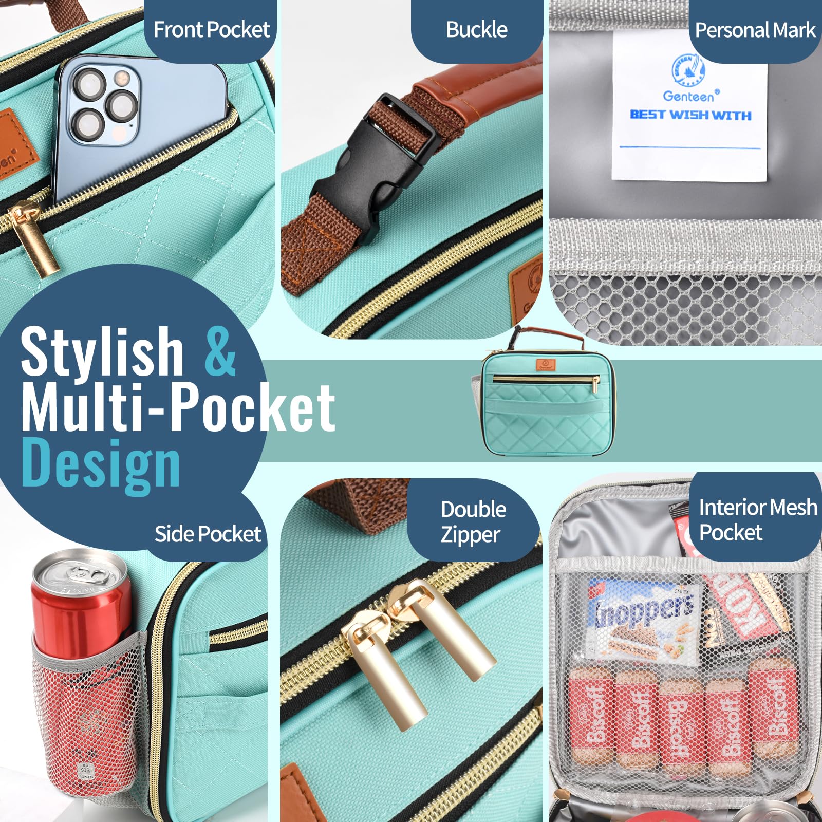 Genteen lunch box inner net pocket keeps items organized