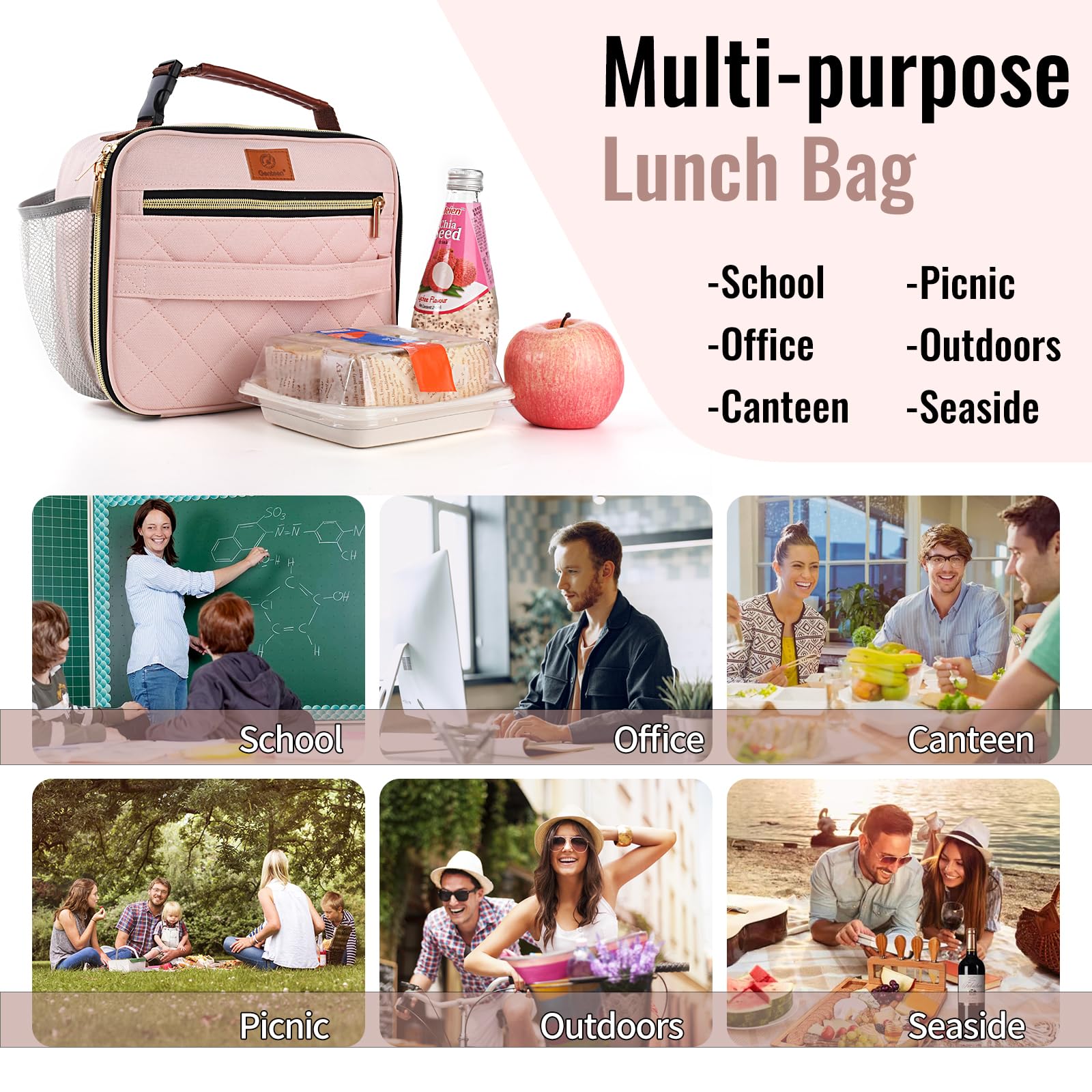 Genteen pink lunch bag fashionable design suits work or school