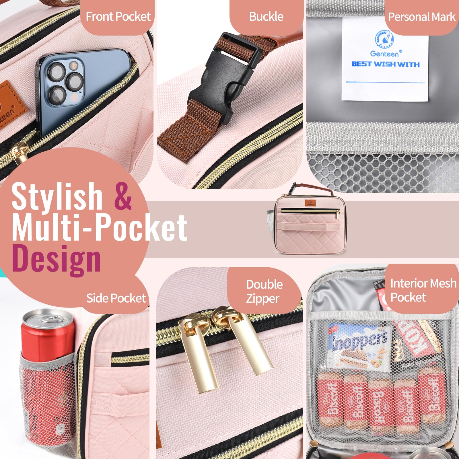 Genteen pink lunch bag multi-pocket layout keeps items organized