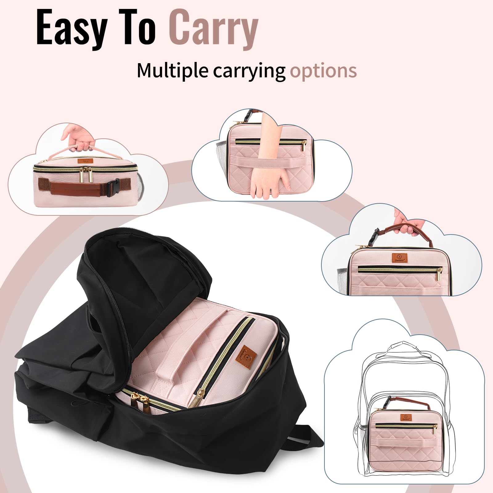 Genteen pink lunch bag waterproof surface protects contents