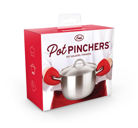 Genuine Fred red lobster-claw pinchers protect hands during hot pot transfers.