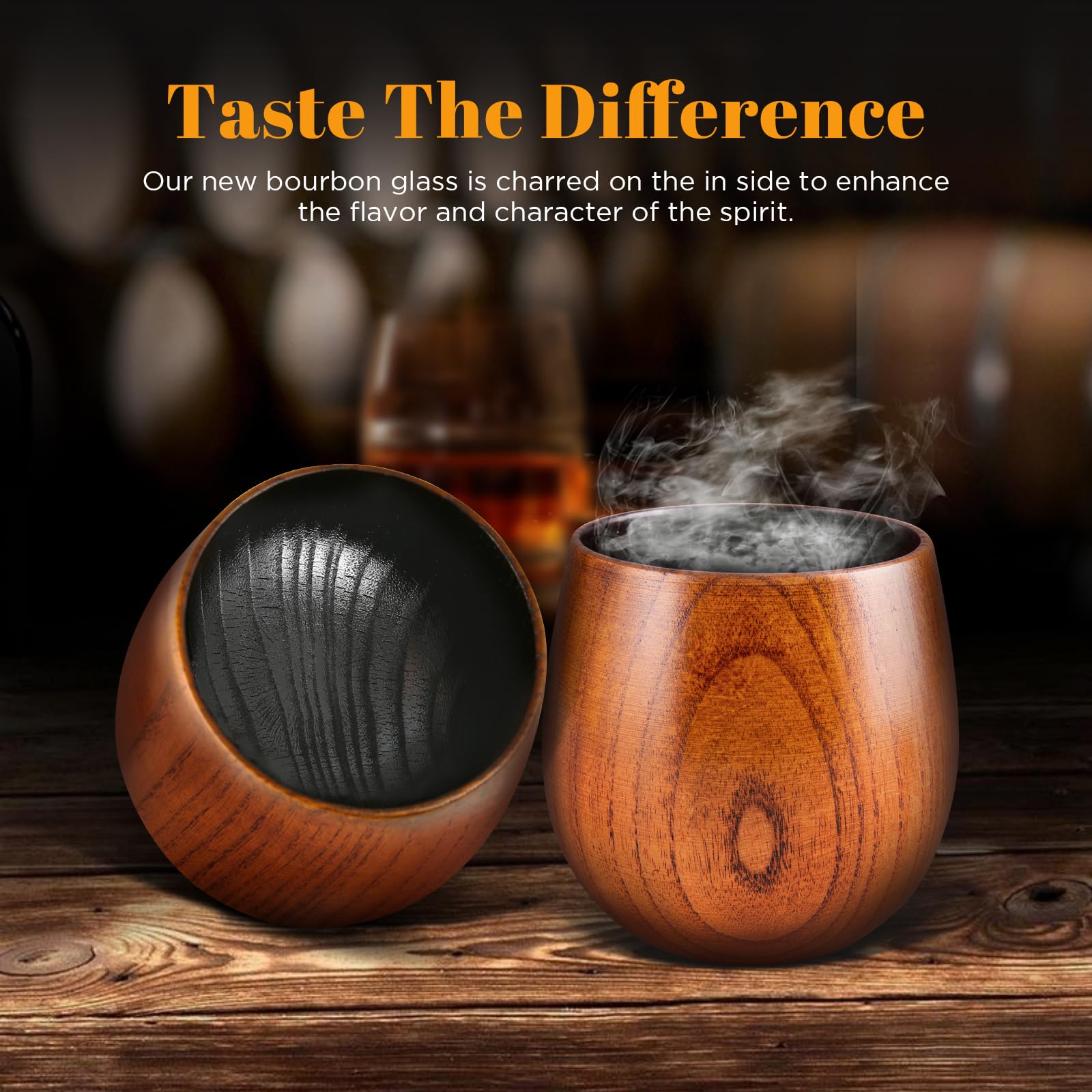 GENUINED charred wooden bourbon glass triple-fire-treated for lasting distillery-inspired flavor
