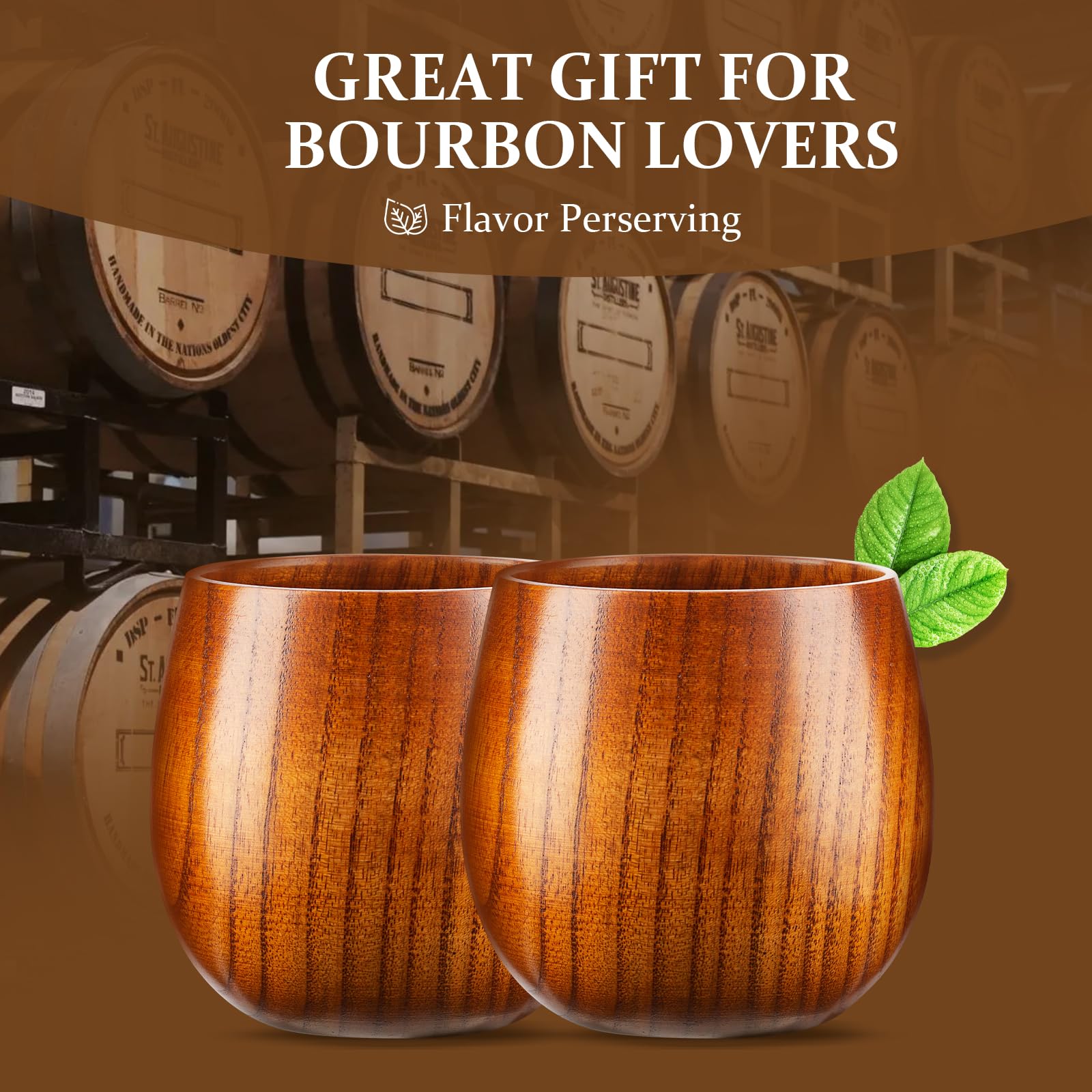 GENUINED close-up of handcrafted wood grain on a bourbon tumbler.