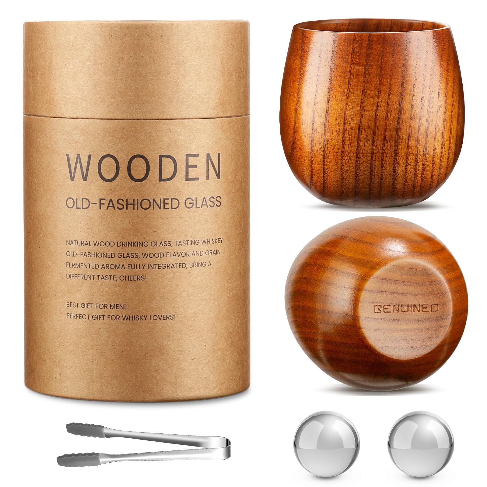 GENUINED original wooden whiskey glasses set of 2, handcrafted grain enhances bourbon aroma.