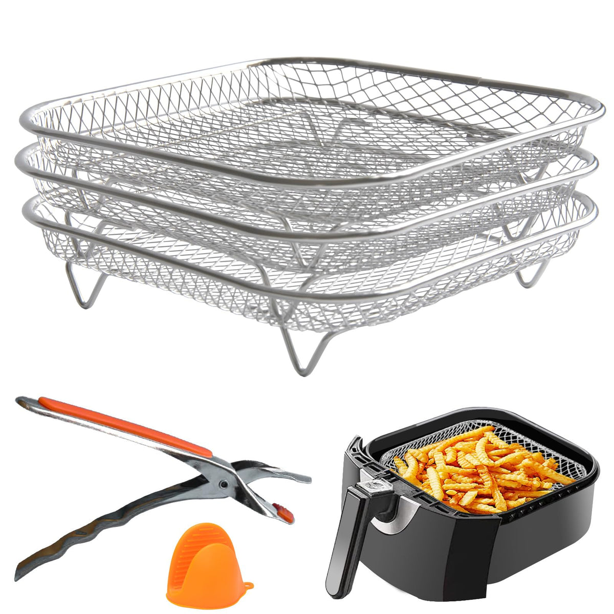 Geolinhome air fryer rack stackable three-layer square for efficient batch cooking.