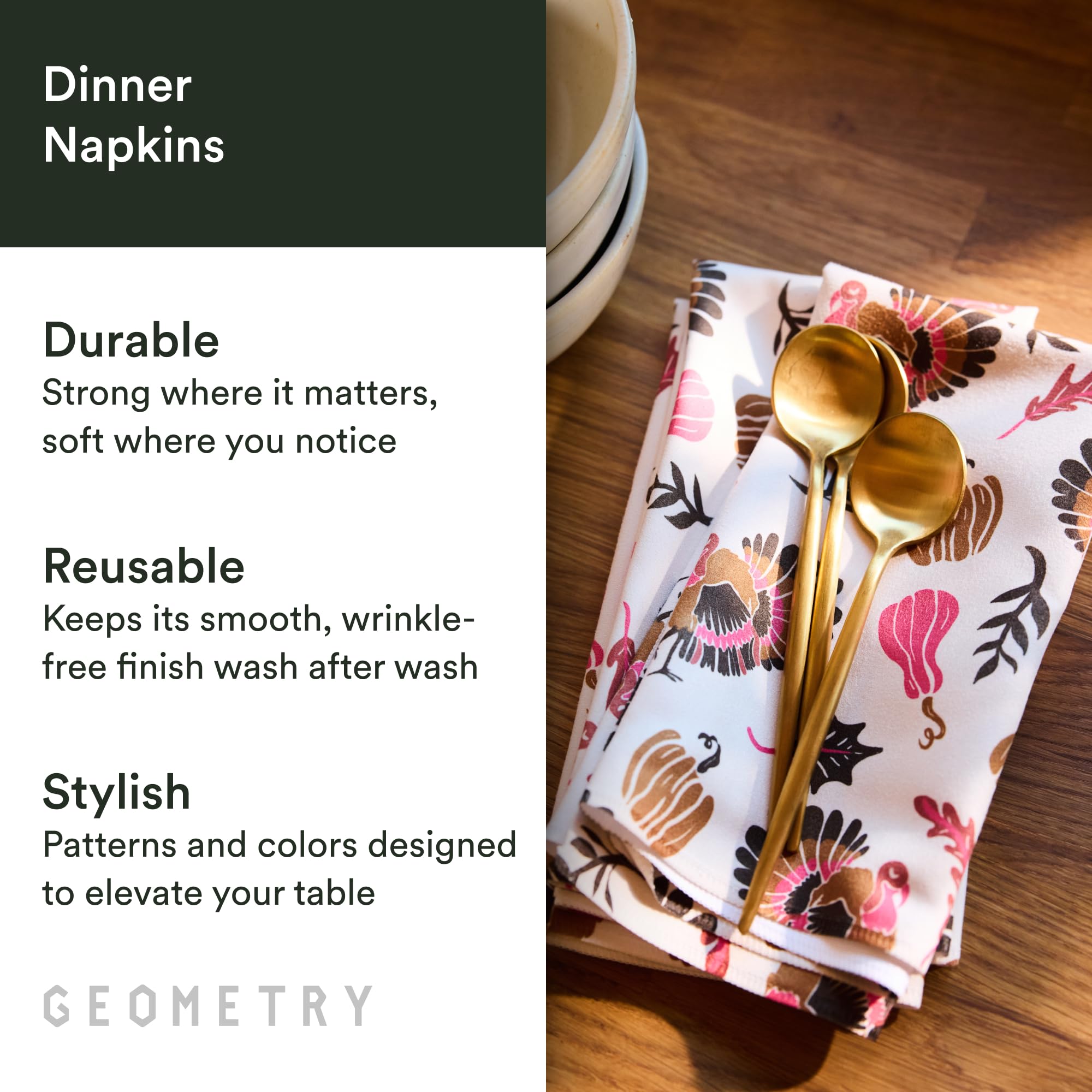 GEOMETRY Christmas dinner napkins folded for festive table setting.