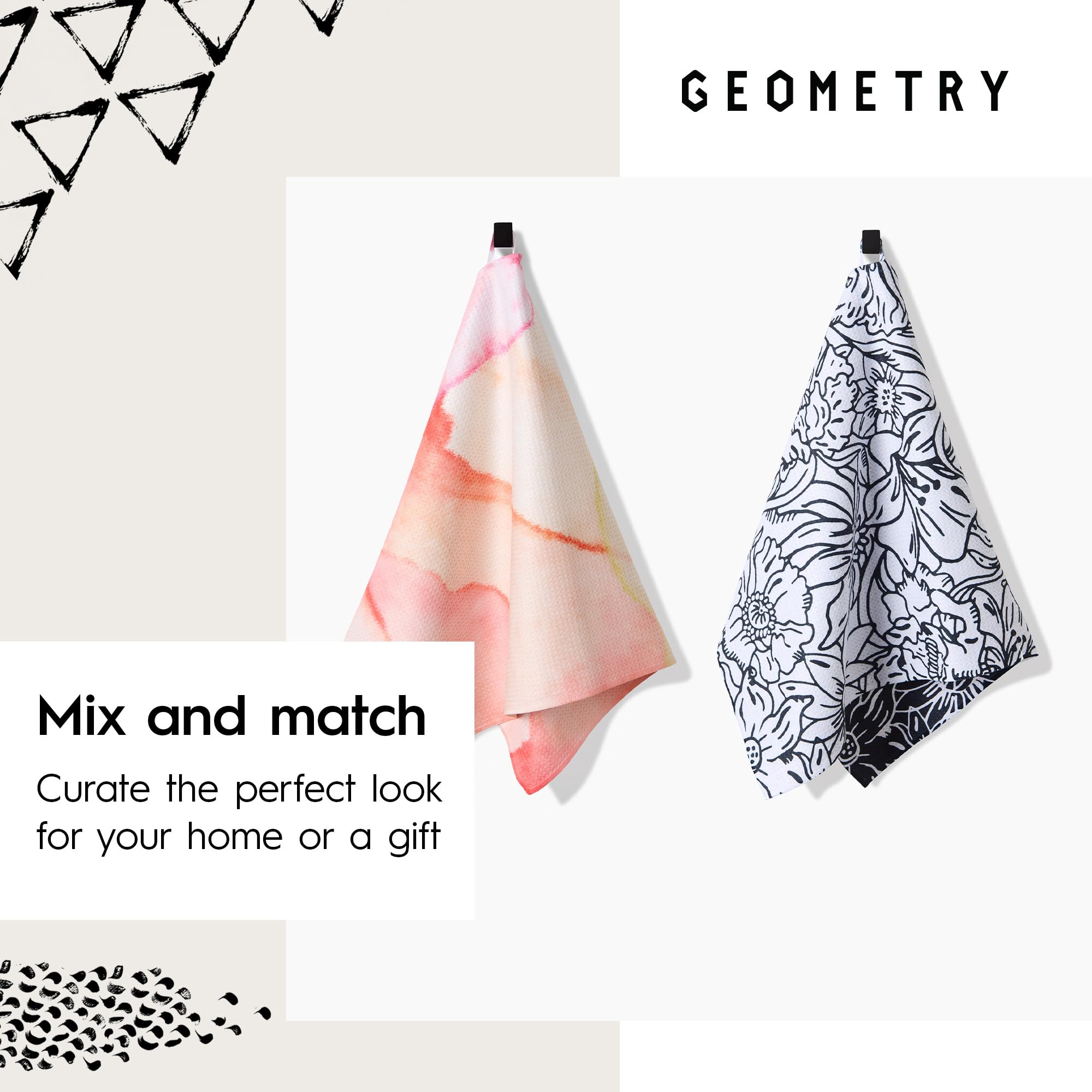 Geometry Spring Kitchen Towels measure 18x30 inches for versatile coverage.