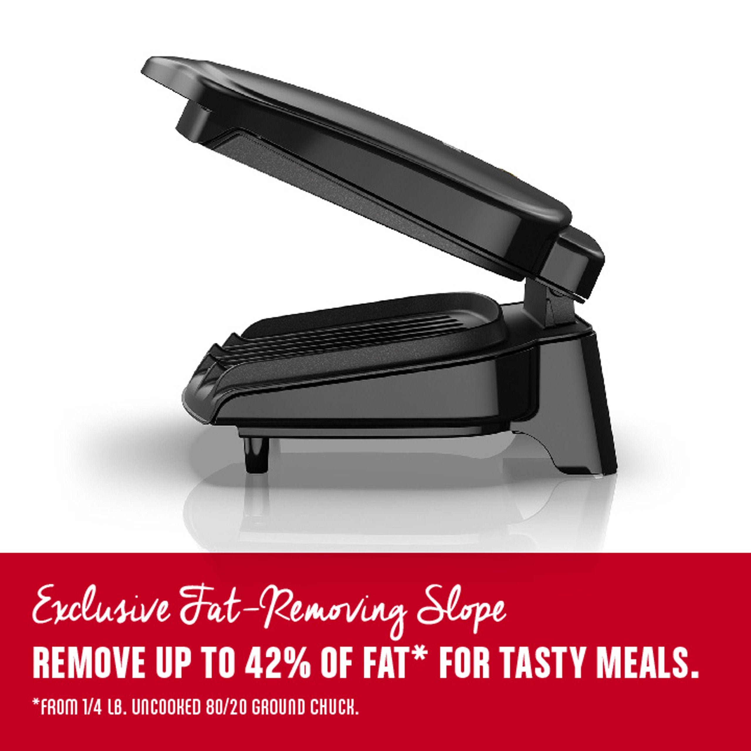 George Foreman GR10B dual-contact heating speeds grilling.