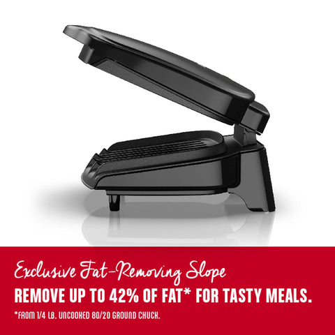 George Foreman GR10B dual-contact heating speeds grilling.