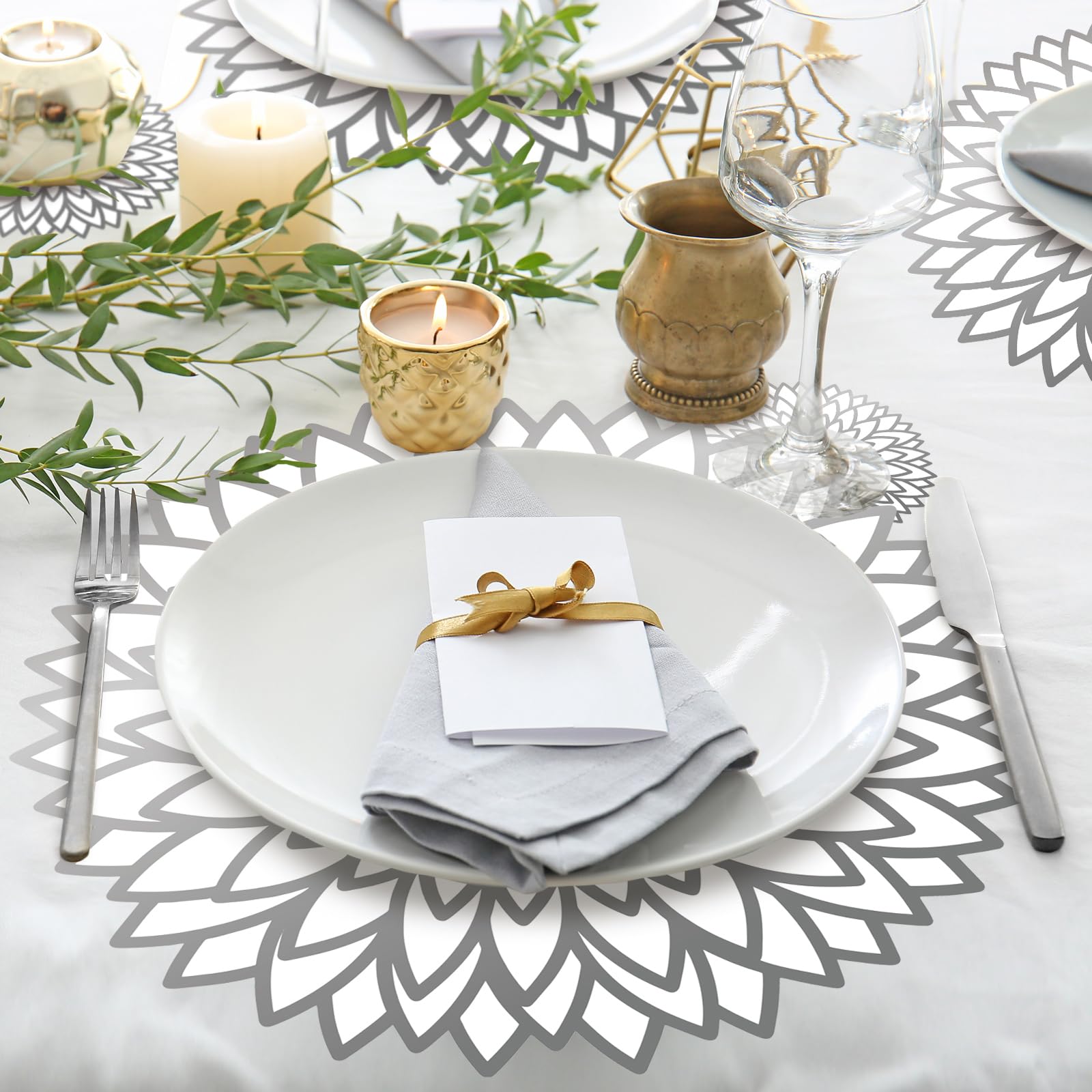 Geosar silver round coasters protect surfaces while adding a modern touch.