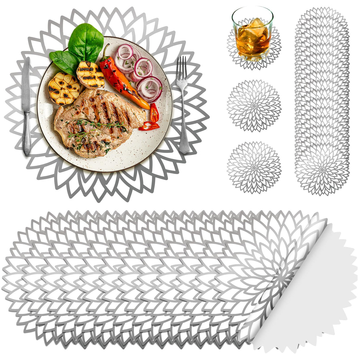 Geosar silver placemats with hollow design for elegant table decor.