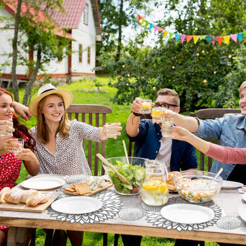 Geosar placemats set for outdoor parties, adding chic luau vibes to your table.