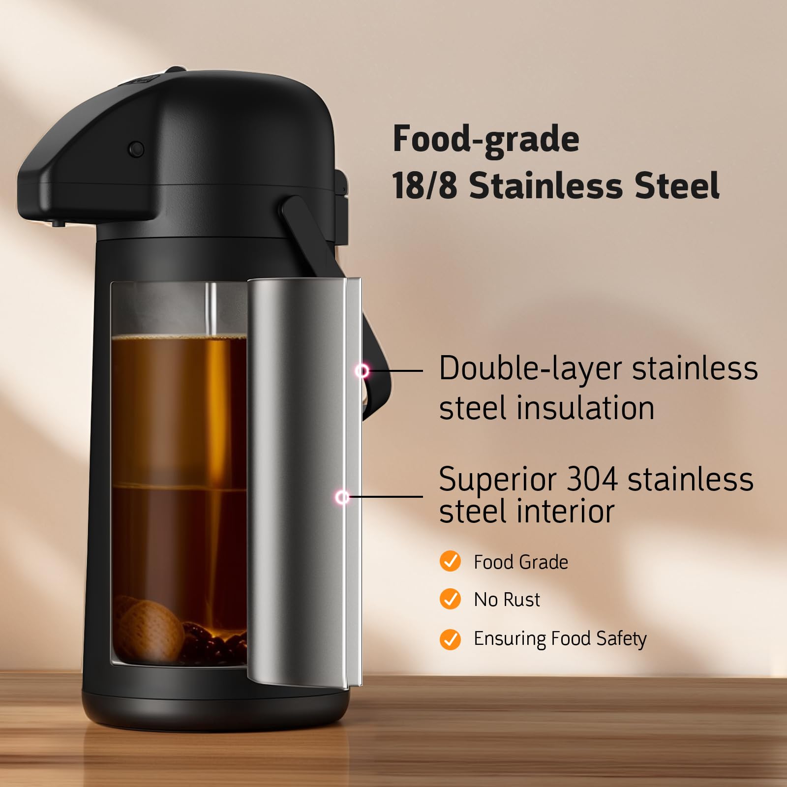 Geouja Airpot interior 304 stainless steel liner preserves beverage quality.