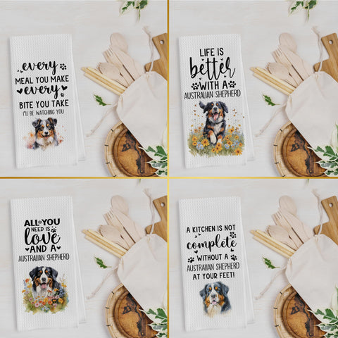Geqtt Australian Shepherd decorative towels with soft-touch finish in kitchen.