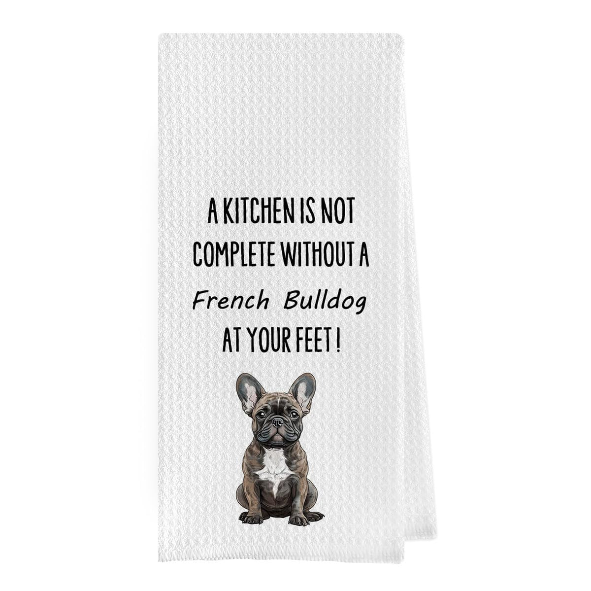 Geqtt French Bulldog dish towel showing waffle weave texture for fast drying