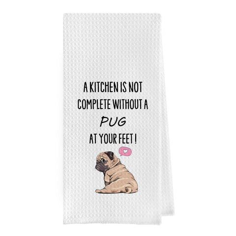 Geqtt funny pug dish towel in waffle weave; decorative kitchen accessory with quick-dry performance